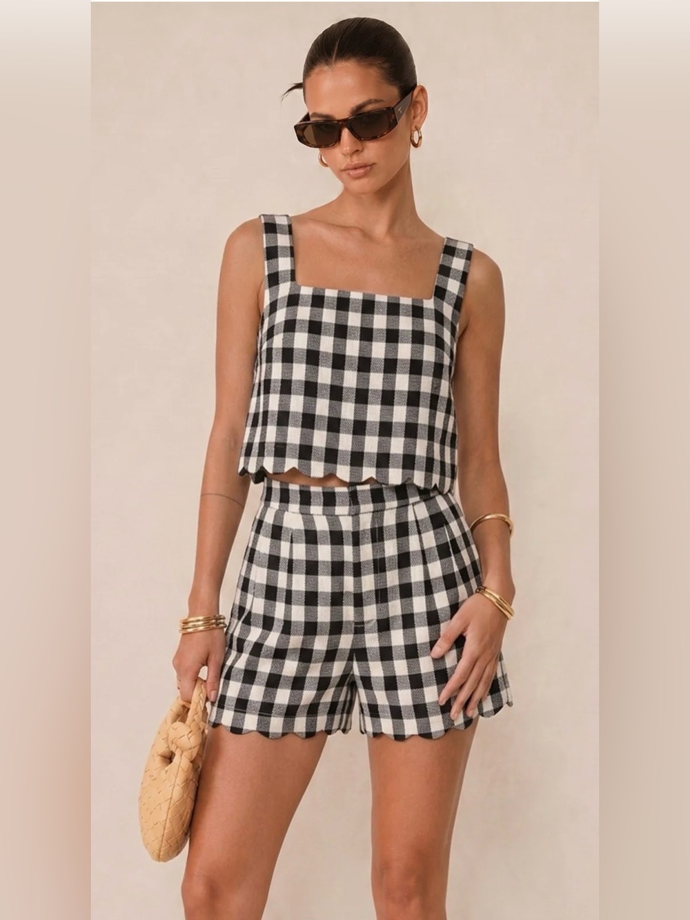 #303 Gingham Scallop Hem Crop Top & Shorts Set